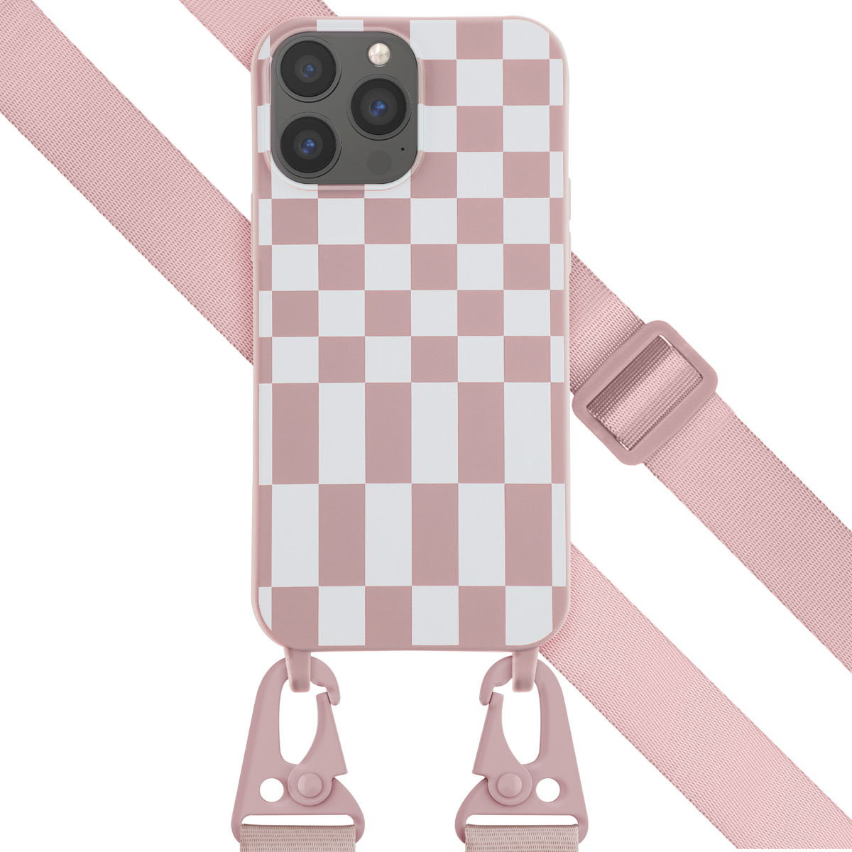 Coque de téléphone à carreaux rose et blanc avec une sangle et des fermoirs roses.