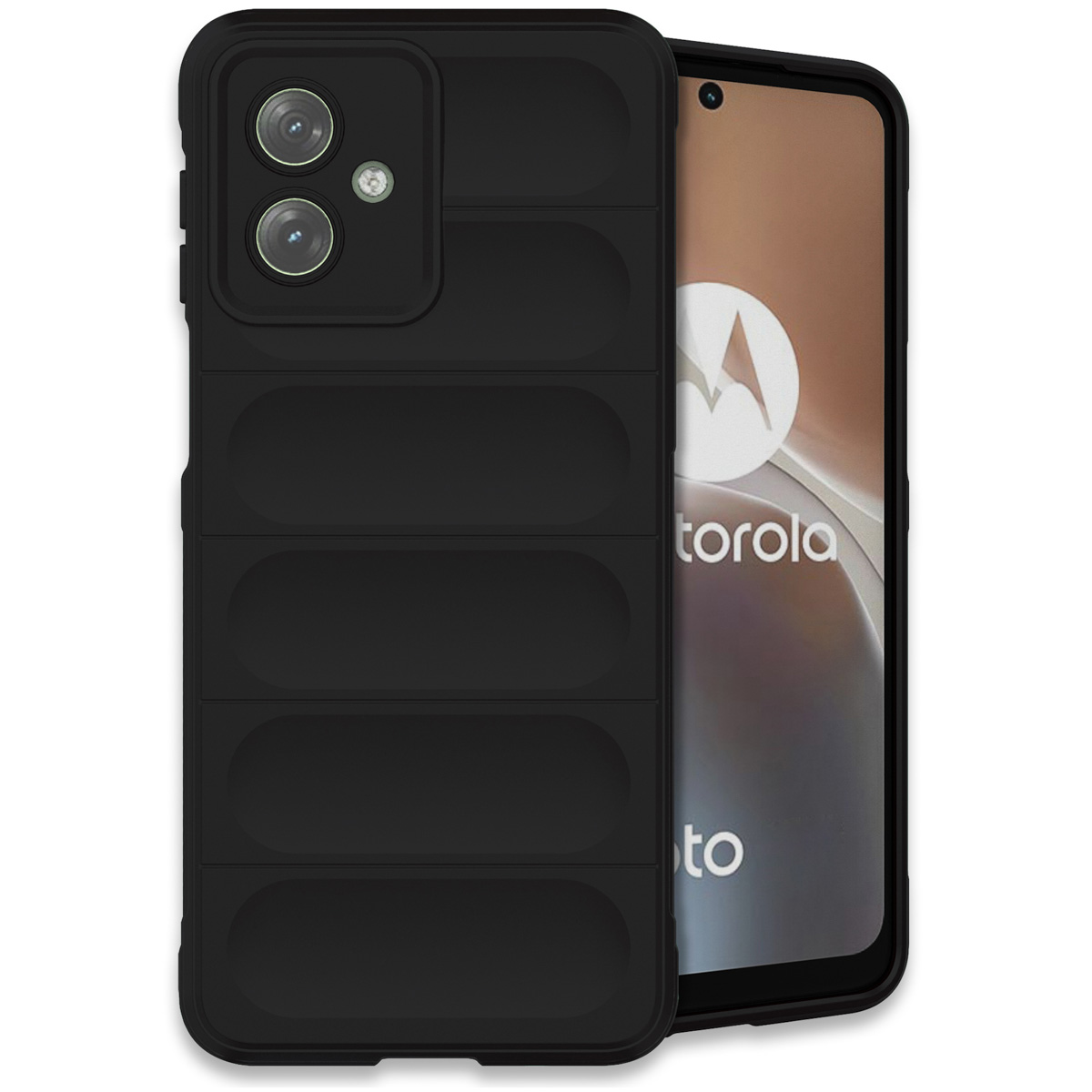 Zwarte telefoonhoes met een gewatteerd ontwerp, die de telefoon bedekt. Het scherm is zichtbaar.