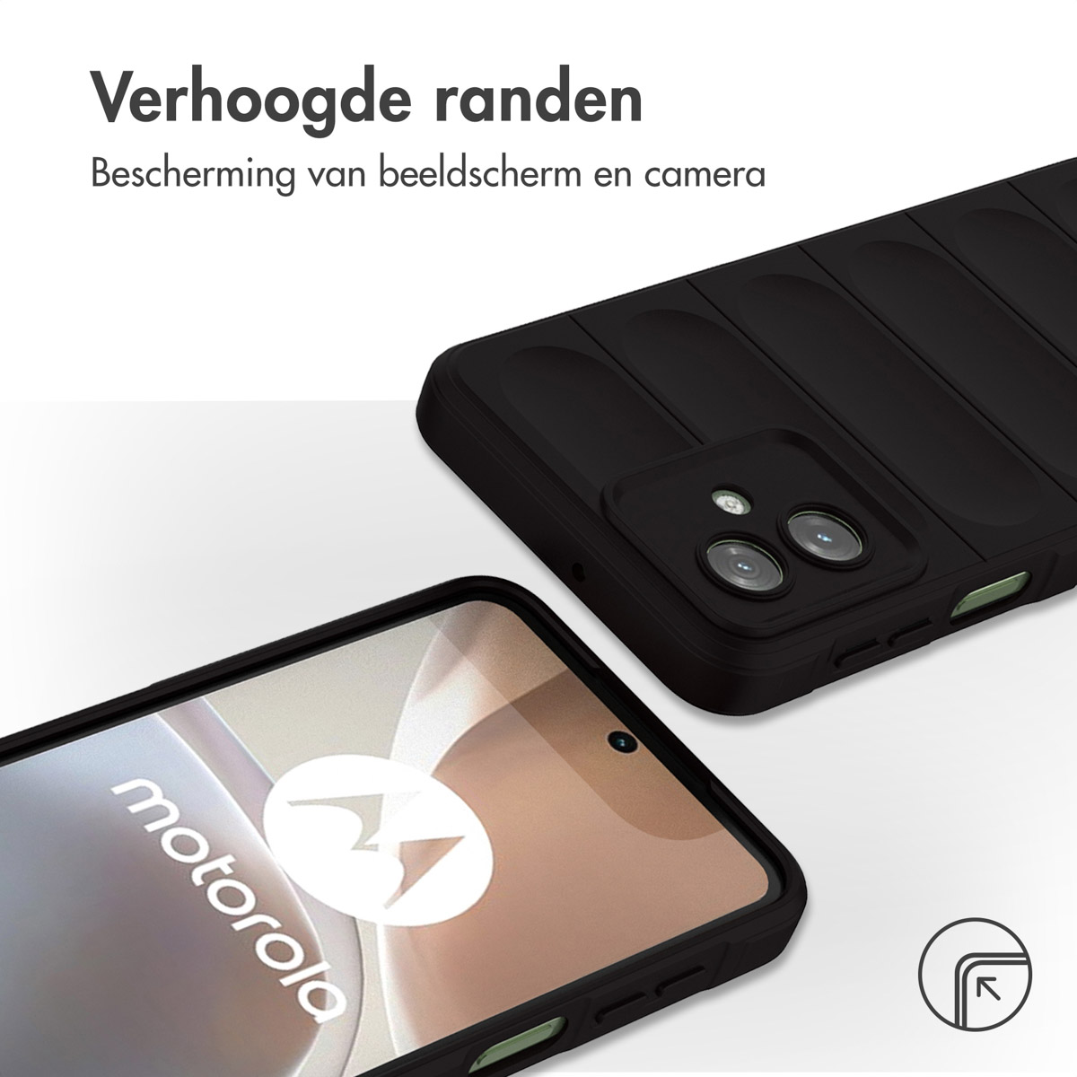 Zwarte telefoonhoes met verhoogde randen. Telefoonscherm toont het Motorola-logo. Bedekt de camera en het scherm.