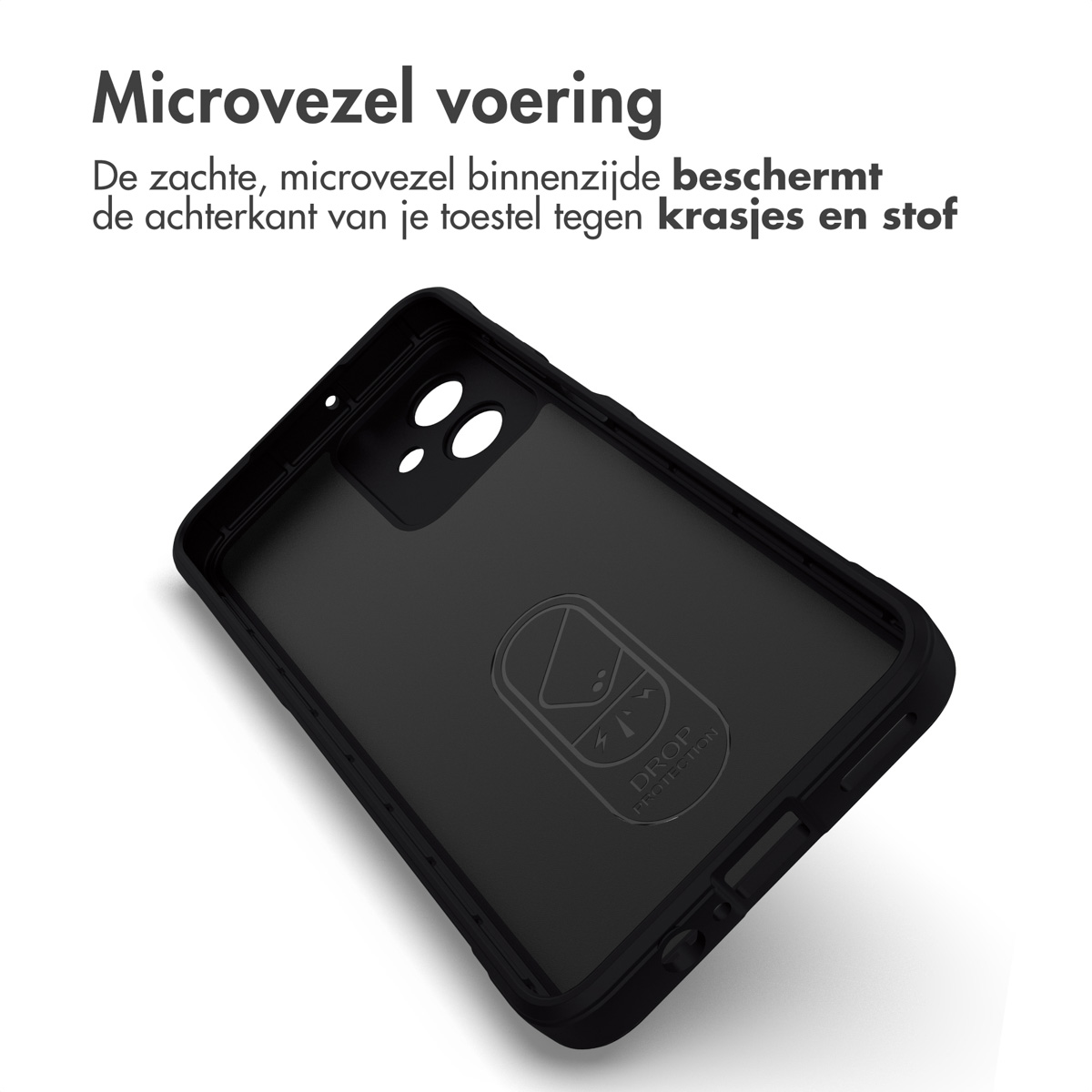 Zwarte telefoonhoes binnenkant. Voorzien van microvezel voering en valbescherming logo.