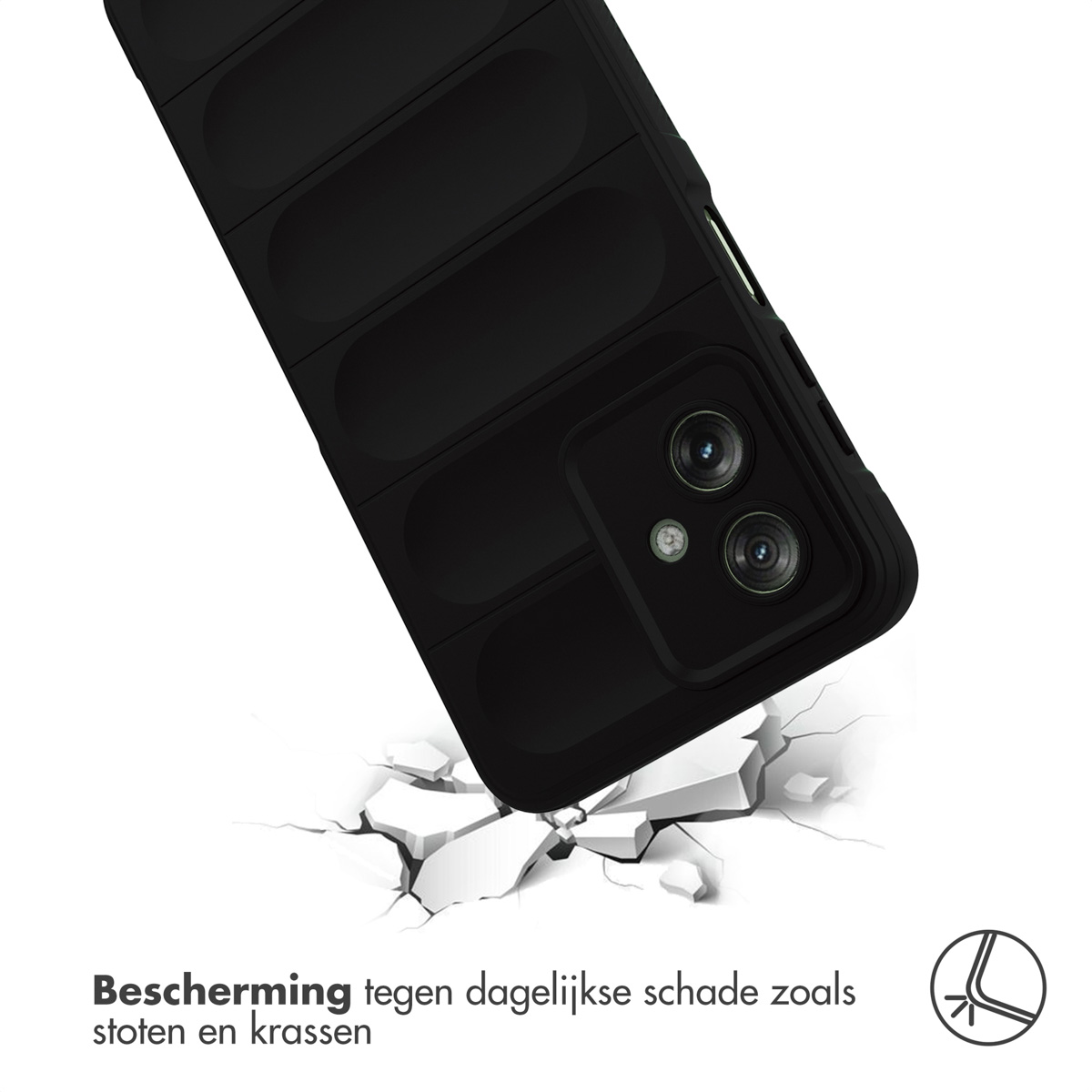 Zwart telefoonhoesje op een witte ondergrond, met scheuren eronder.