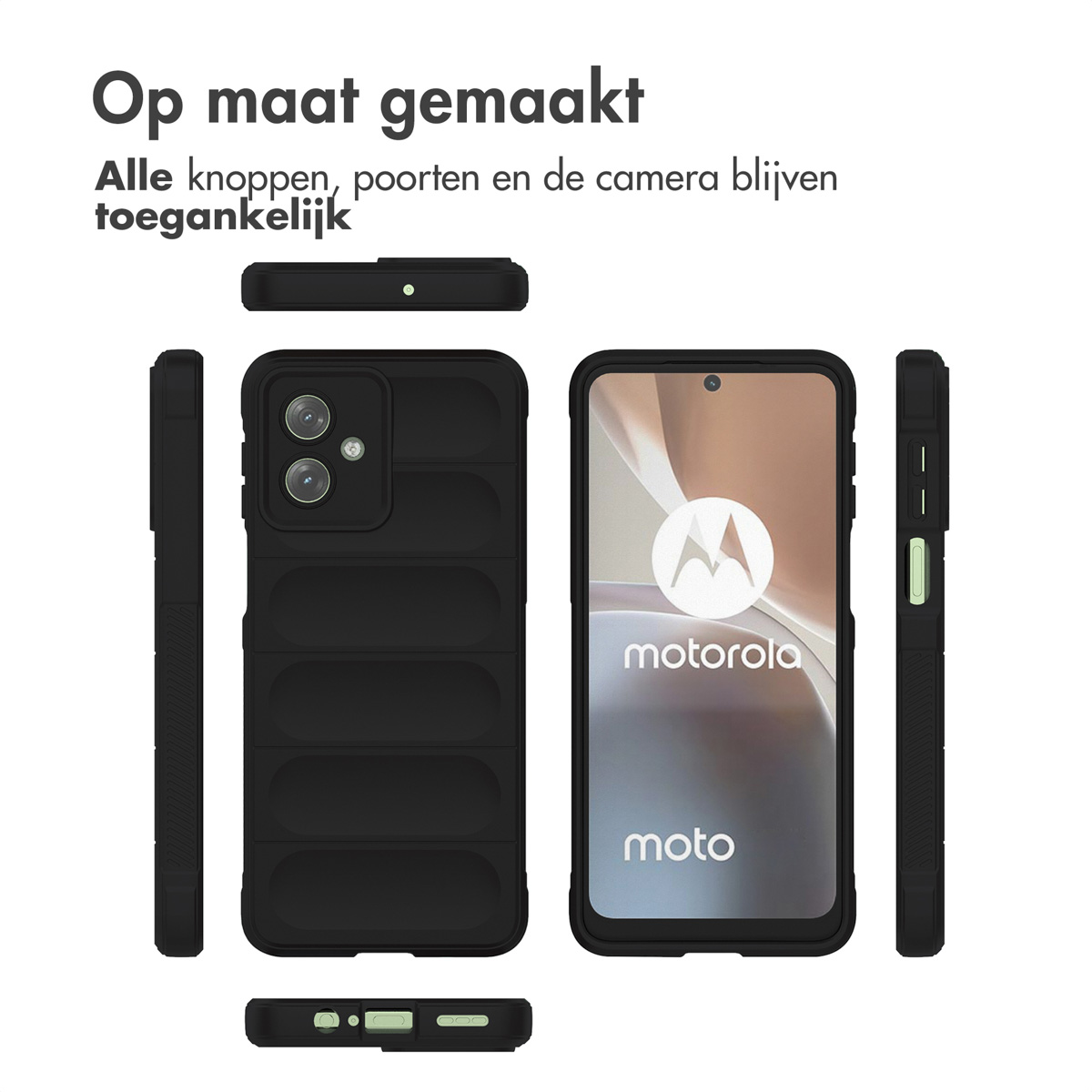 Zwarte telefoonhoes met een zwarte telefoon erin. De hoes heeft een patroon en de telefoon heeft een Motorola-logo.