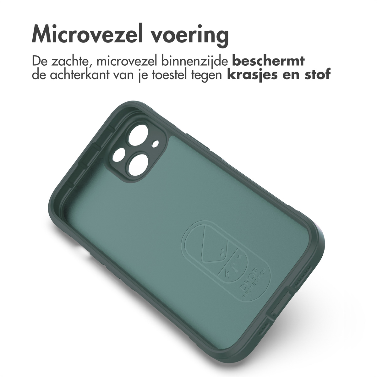 Custodia verde per telefono con fodera in microfibra e logo 'Drop Protection'.