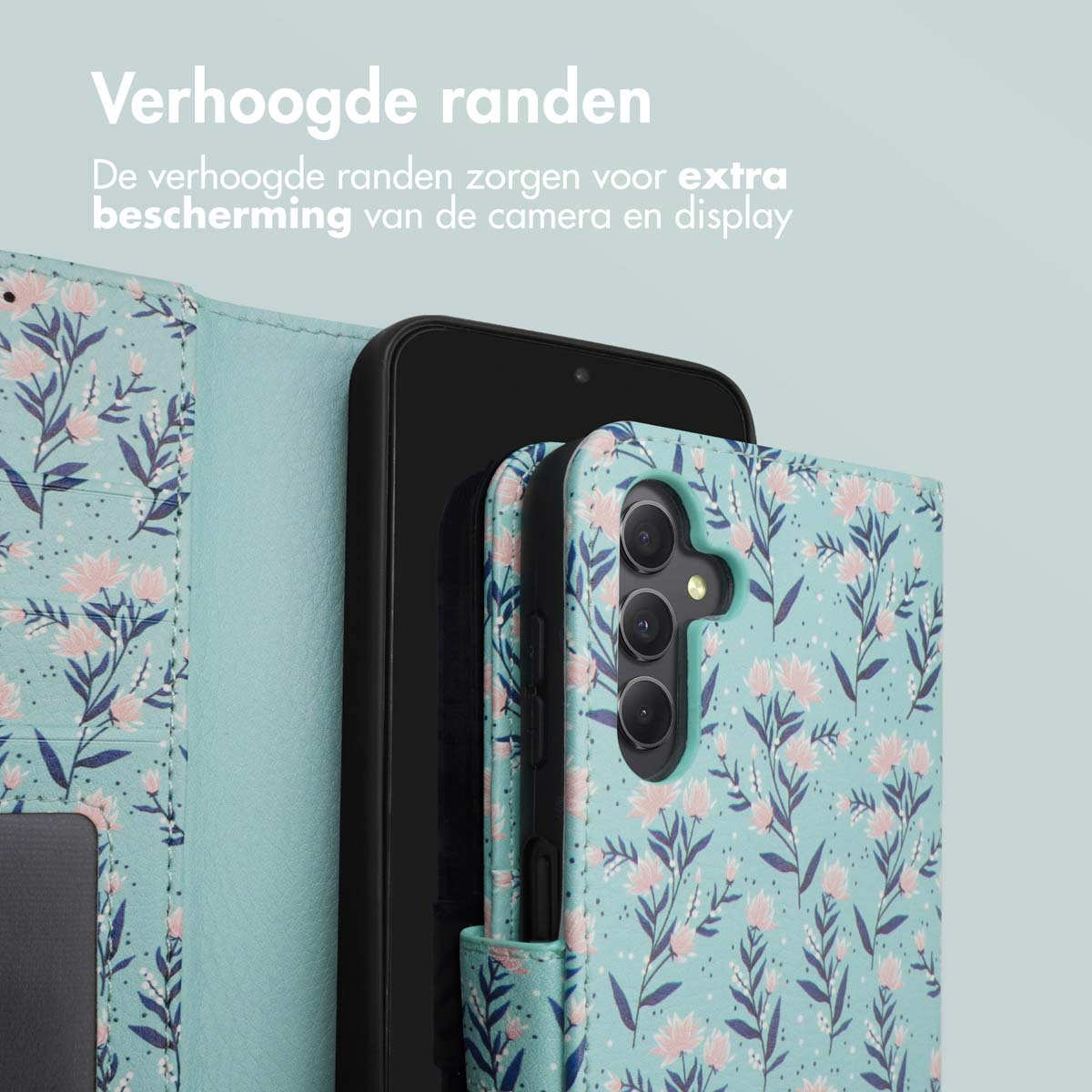 Coque bleue avec imprimé floral et support ouvert. Écran du téléphone visible.