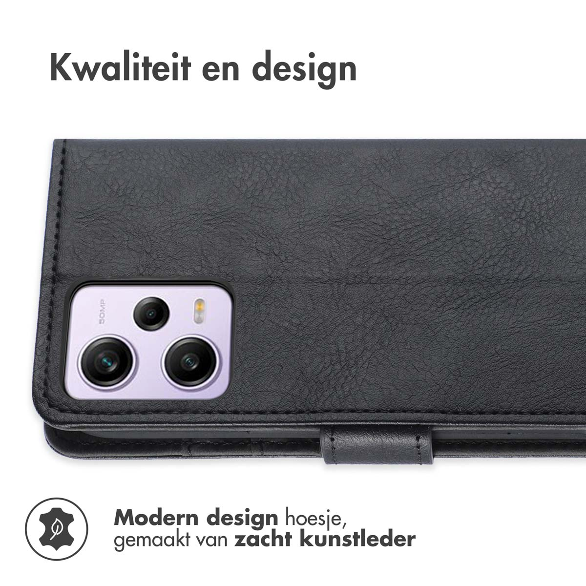 Zwart kunstleren telefoonhoesje met textuur en cameralens.