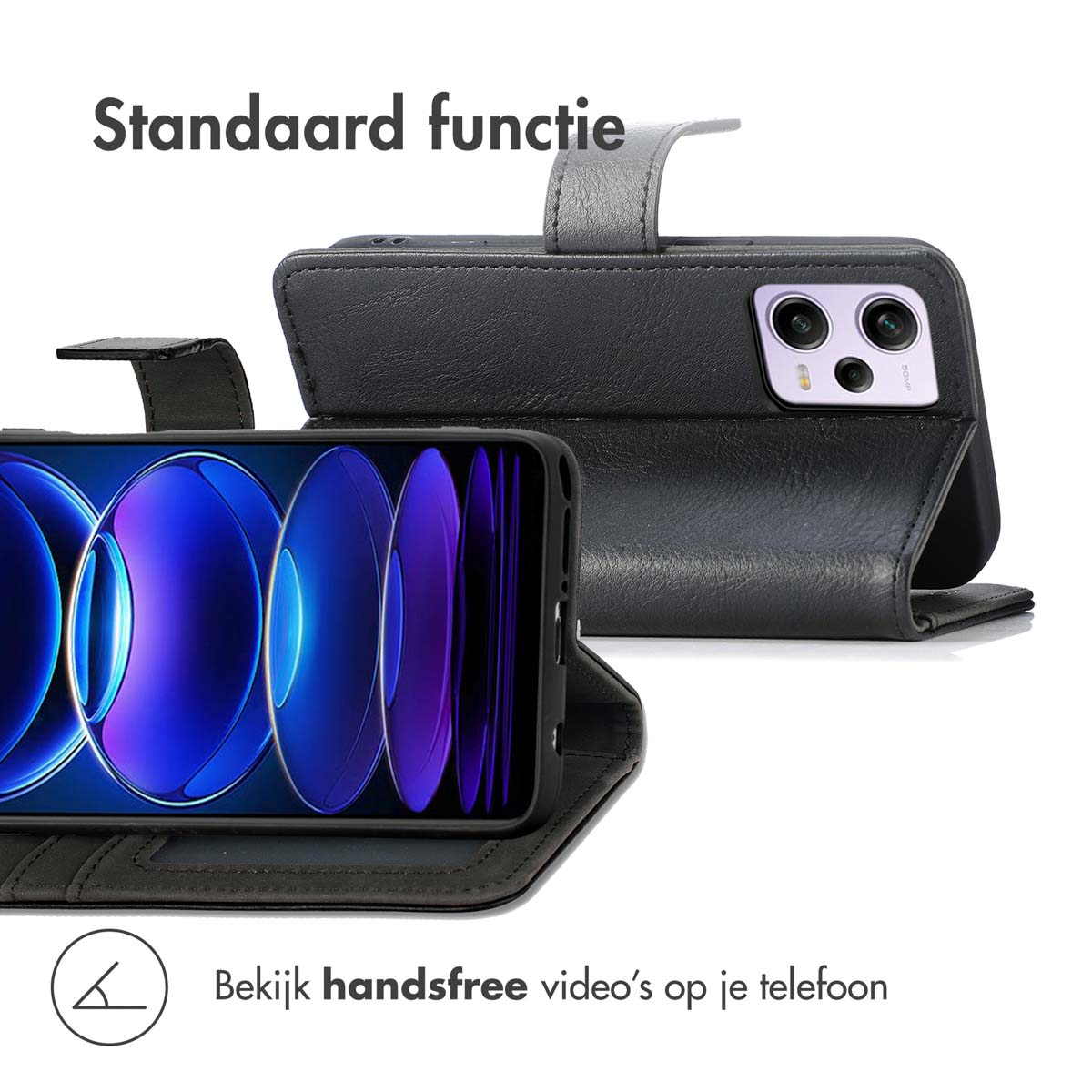 Zwarte telefoonhoes met telefoon die een blauw en wit beeld weergeeft. De hoes vouwt voor handsfree video bekijken.