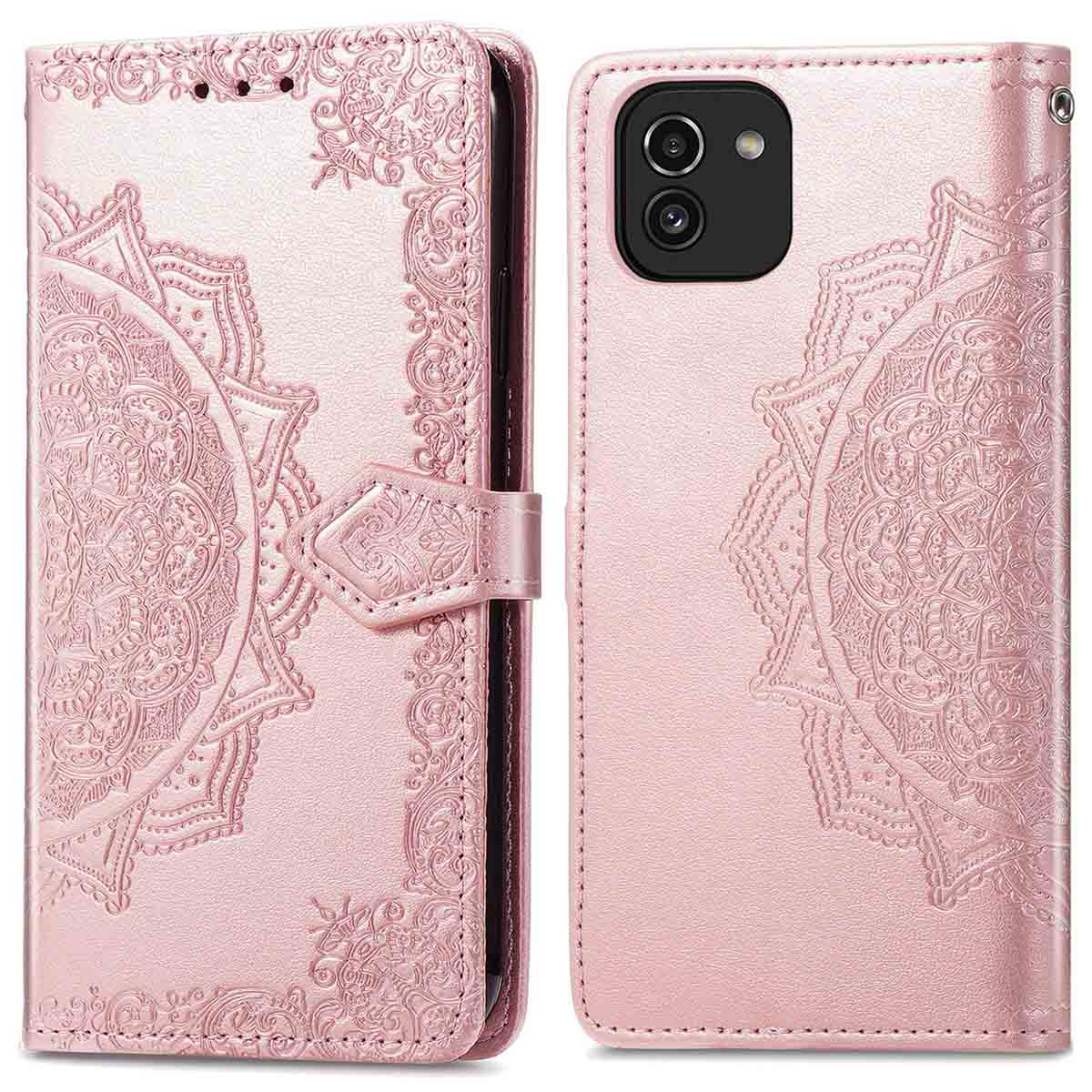 Roze telefoonhoes met mandala-ontwerp en magnetische sluiting. Scherm zichtbaar.