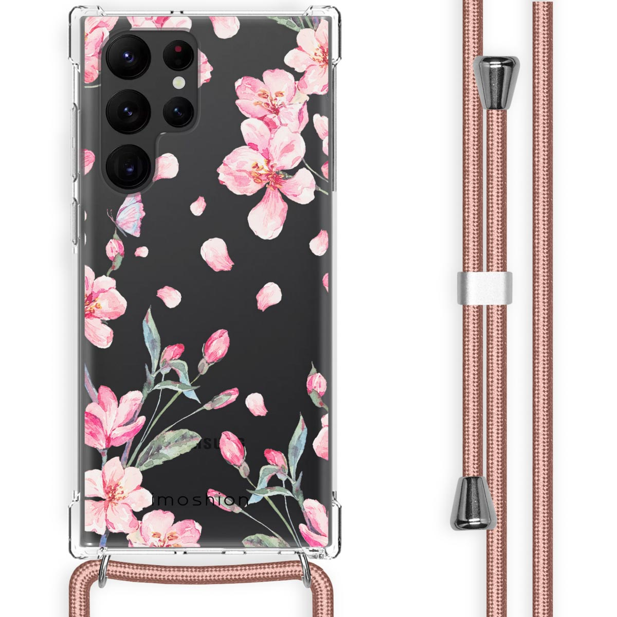 Telefoonhoesje met roze bloemen. Een roze koord hangt onder.