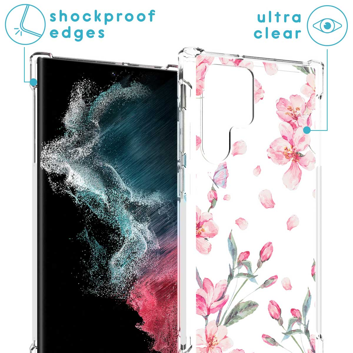 Telefoonhoesje met een bloemenpatroon en een telefoon. De hoes is transparant en de telefoon heeft een zwart scherm.
