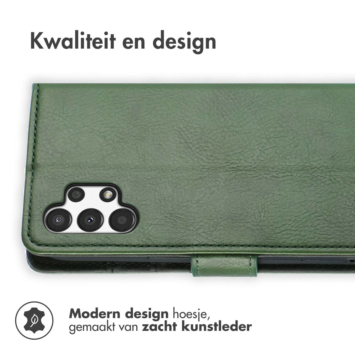 Groene kunstlederen telefoonhoes met camera-uitsparing. Tekst: Kwaliteit en design.