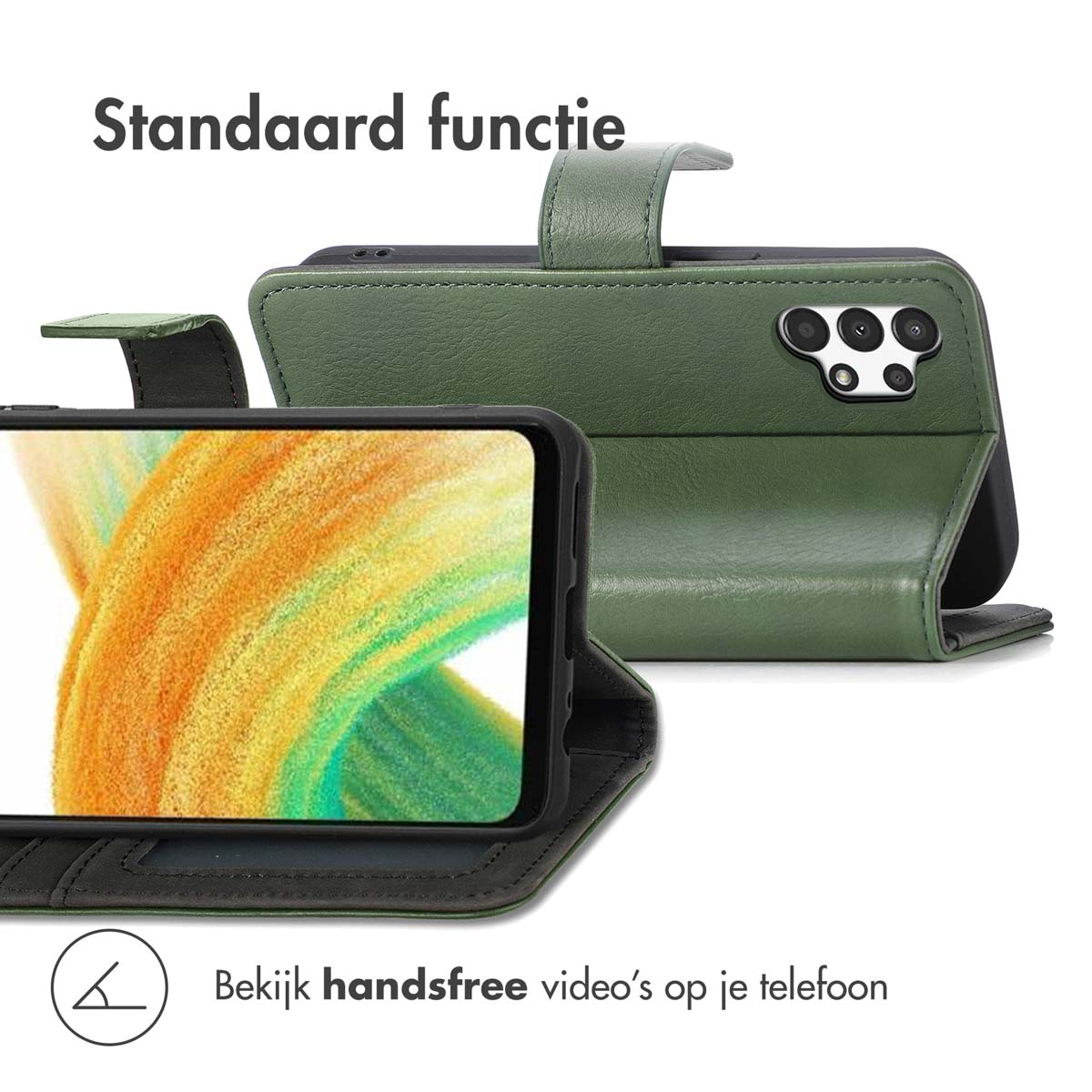 Groene telefoonhoes met standaardfunctie en cameramodule.
