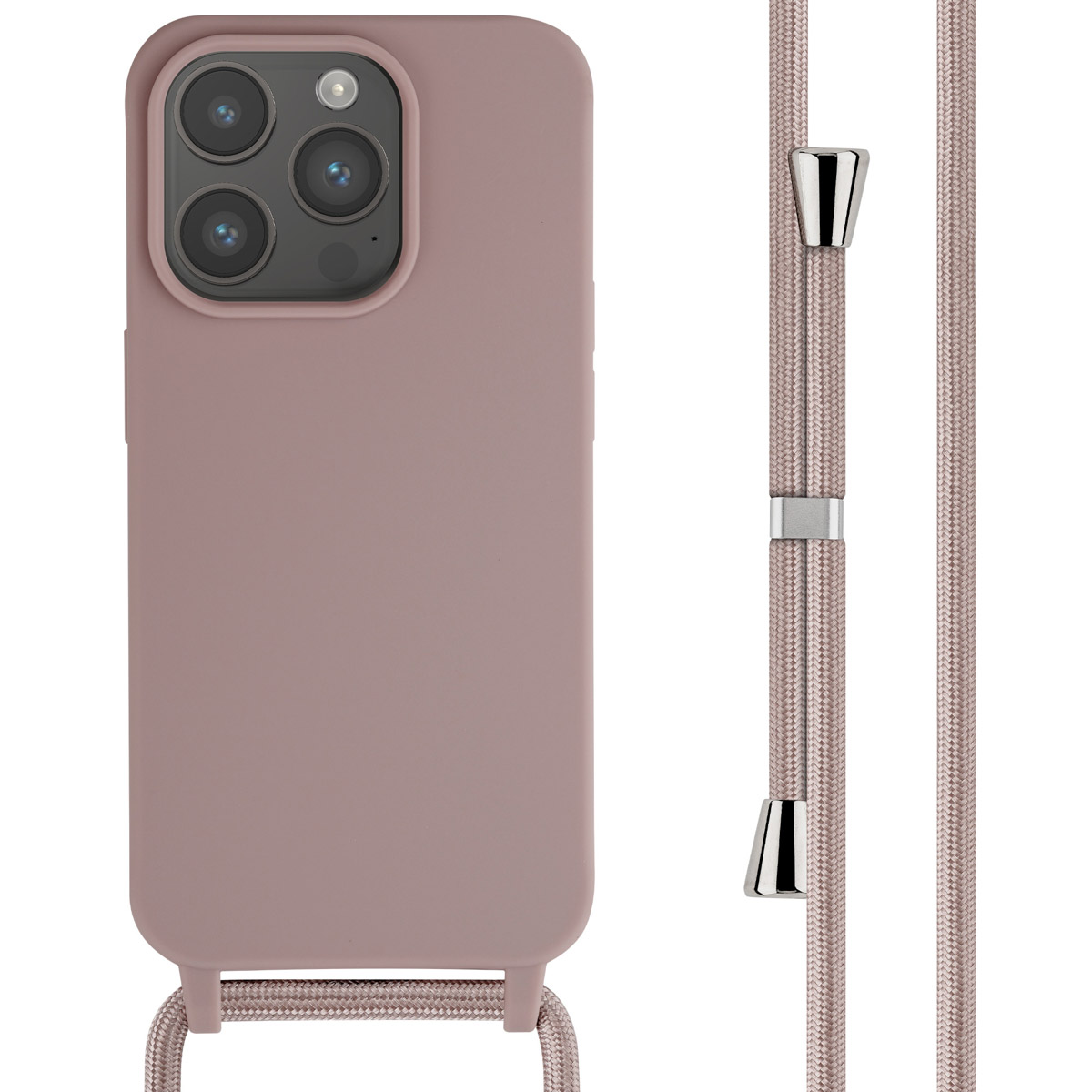 Roze telefoonhoes met roze band. De band heeft metalen stukken. De telefoon heeft drie camera's.