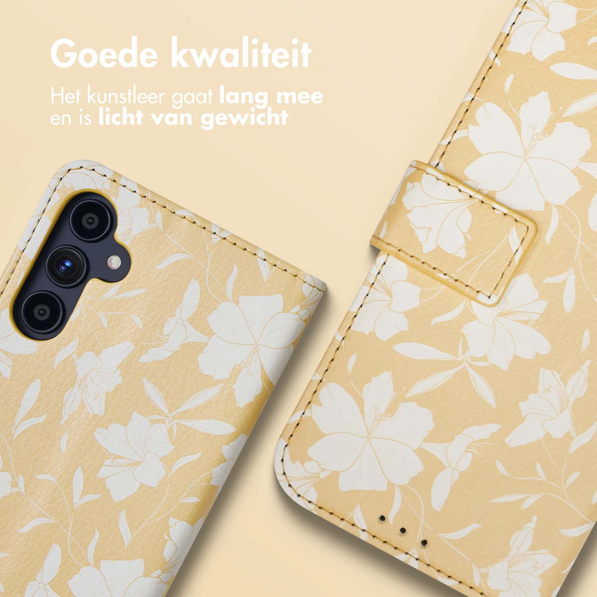 Coque de téléphone, motif floral, couleurs jaune et blanc, ouverte. Texte : Bonne qualité, léger.