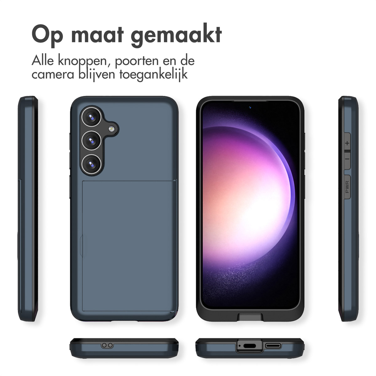 Blauwe telefoonhoes, met een telefoon erin. Alle knoppen, poorten en de camera zijn toegankelijk.