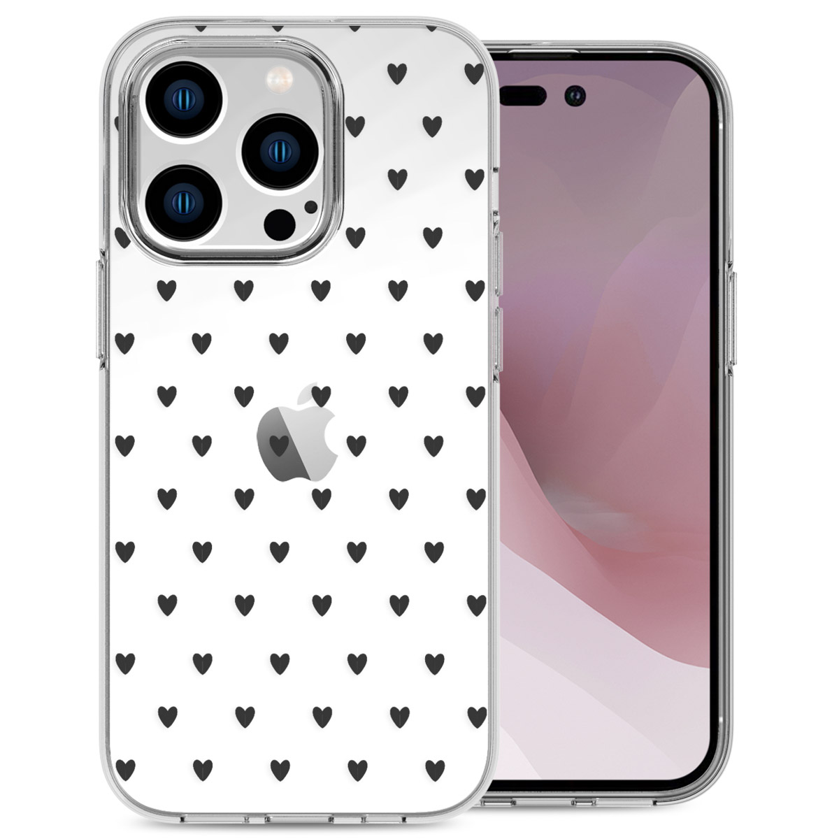 Custodia trasparente con cuori neri, su un telefono con schermo rosa.