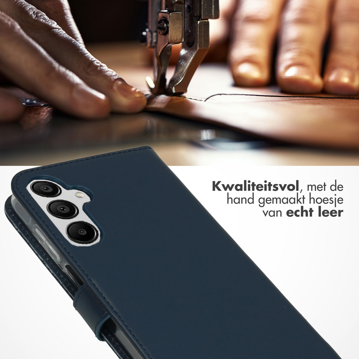 Una custodia per telefono in pelle blu navy è in fase di cucitura. Il telefono è all'interno della custodia.
