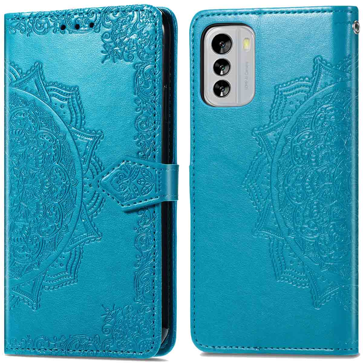 Blauwe telefoonhoes met mandala-ontwerp. Twee delen zijn open, tonen de achter- en voorkant van de telefoon.
