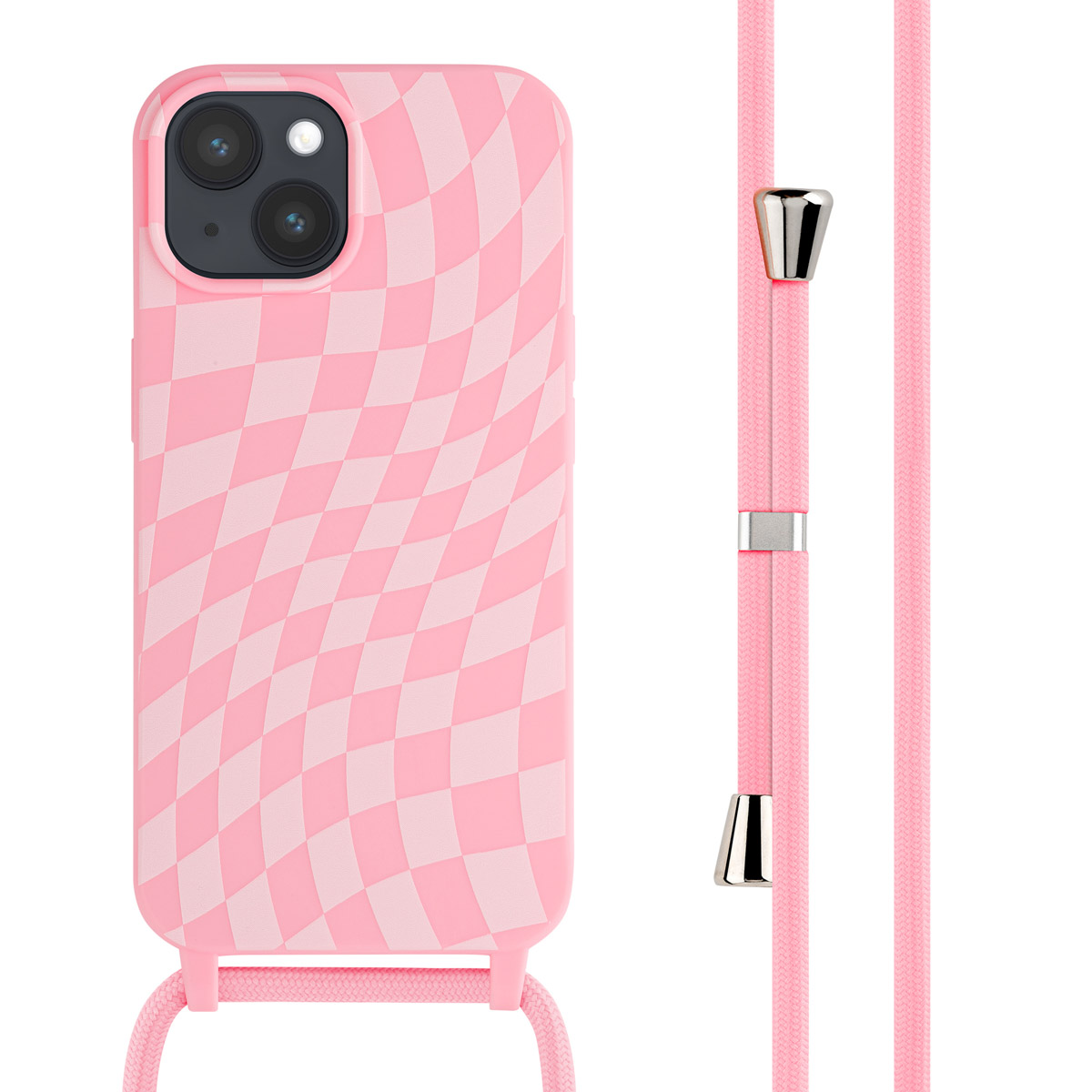 Pink checkered phone case with a pink cord. Silver hardware. White background.