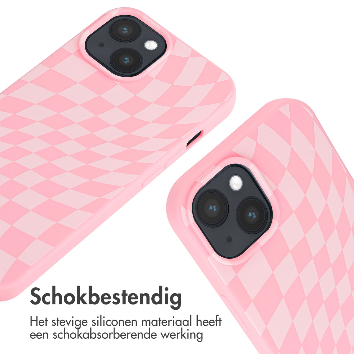 Two pink phone cases with a checkered pattern and camera module.