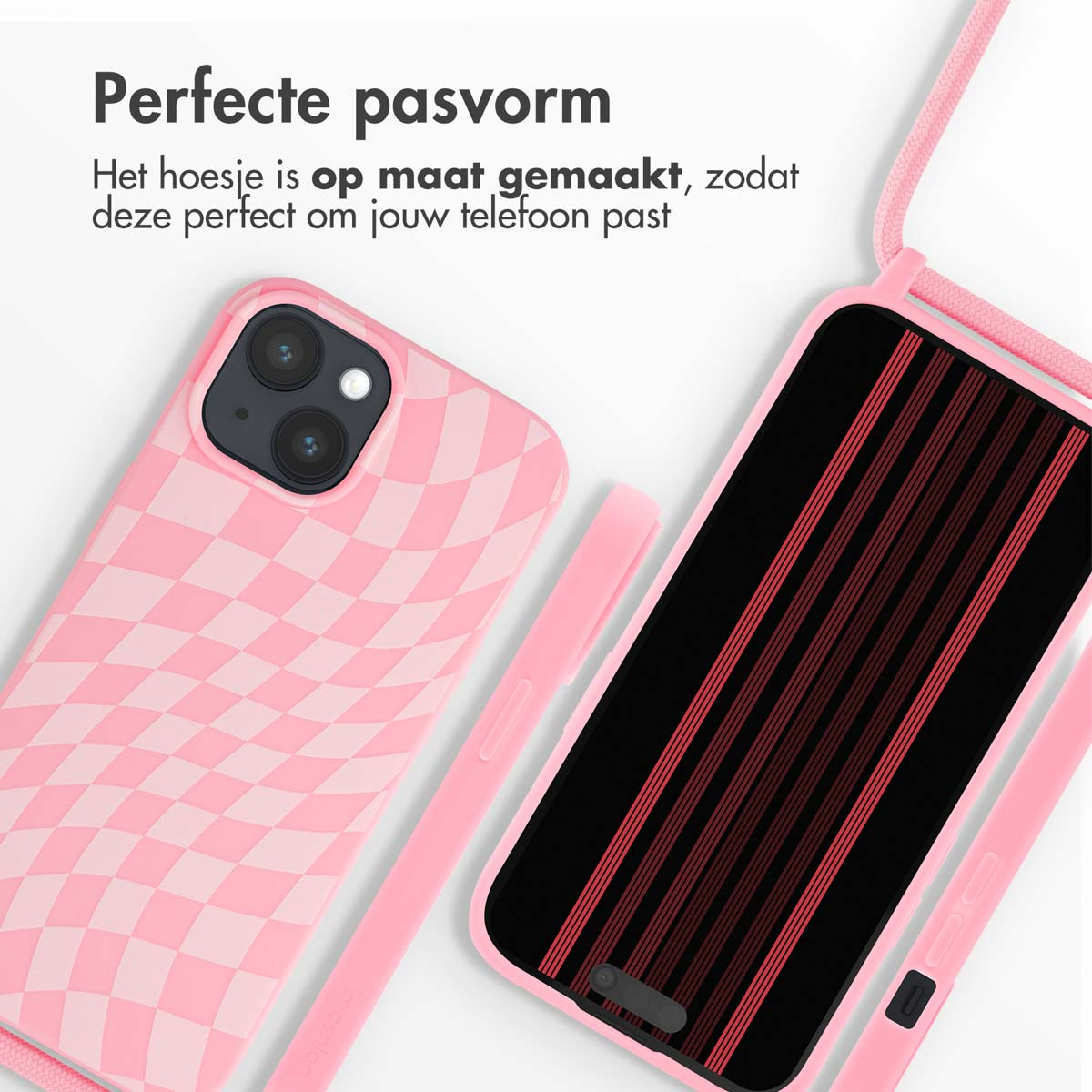 Two pink phone cases with lanyards. One has a checkered pattern, the other has stripes.