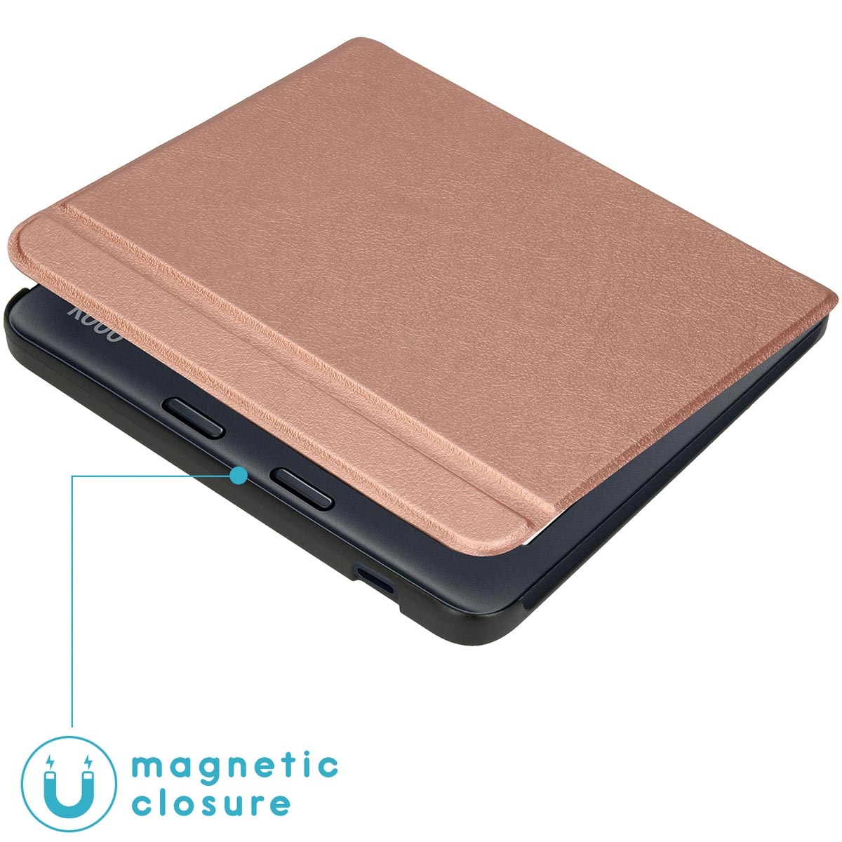 Een roze-gouden tablethoes met een magnetische sluiting. De hoes is open en onthult het zwarte apparaat binnenin. De magnetische sluiting wordt benadrukt.