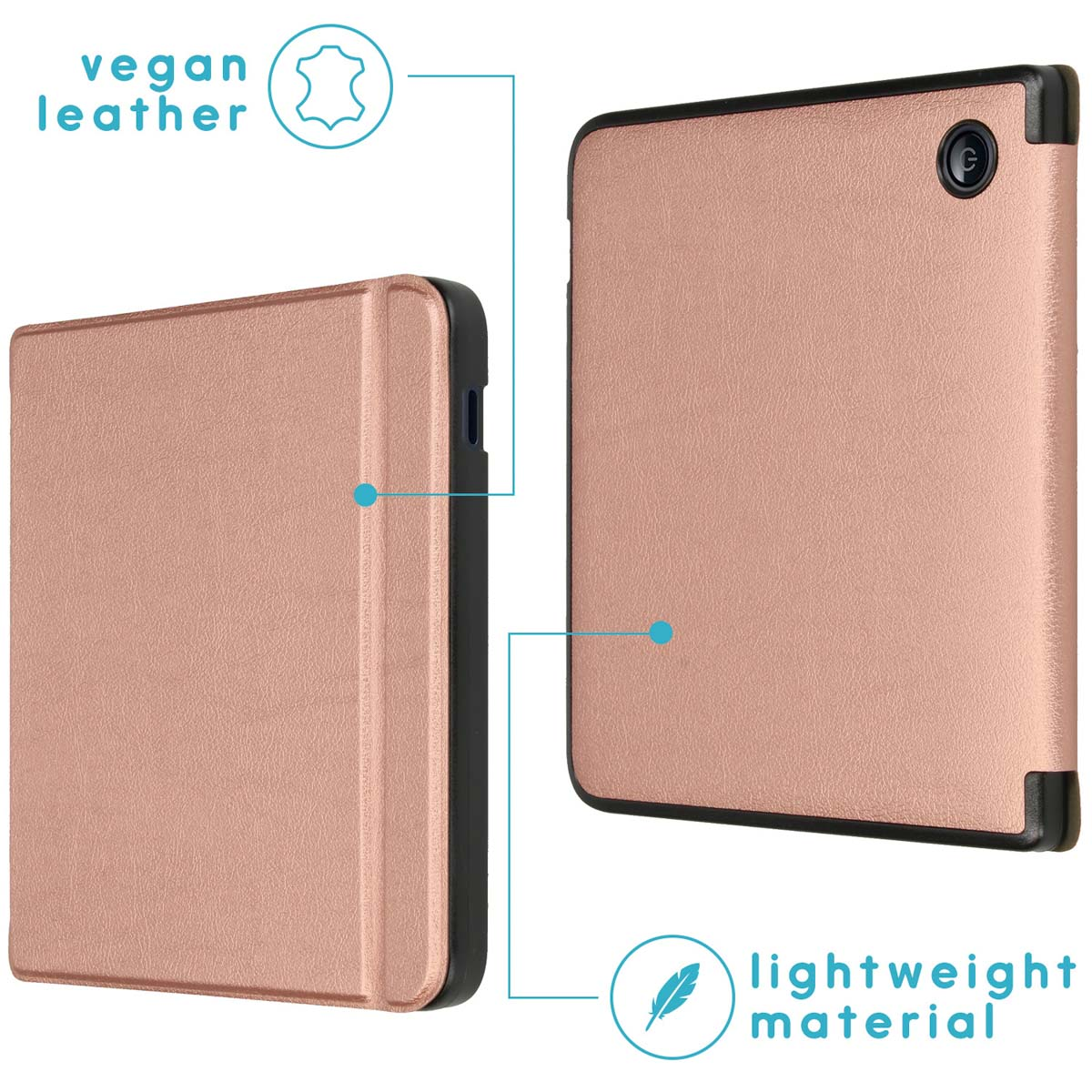 Twee tablethoezen, één open. Beide zijn gemaakt van roségoudkleurig veganistisch leer met zwarte rand. Tekst zegt 'vegan leer' en 'lichtgewicht materiaal'.