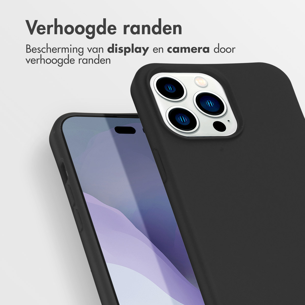 Schwarze Handyhülle mit erhöhten Kanten. Das Telefon ist darin. Die Hülle schützt Display und Kamera.
