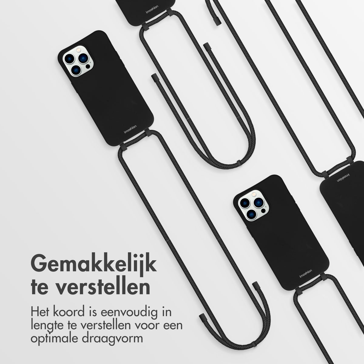 Drei schwarze Handyhüllen mit Lanyard auf weißem Hintergrund.