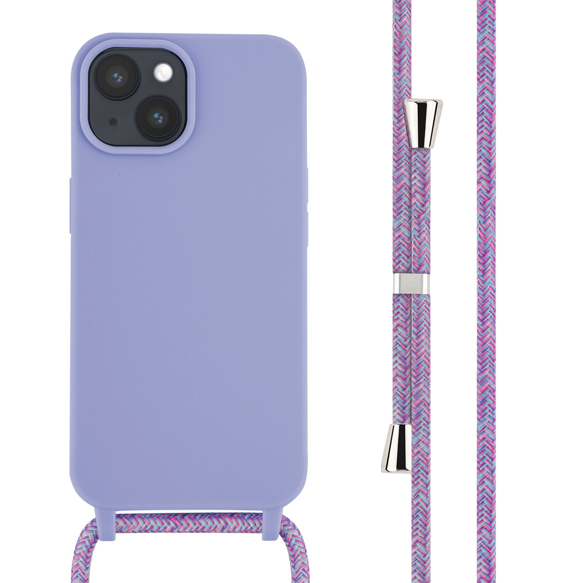 Eine lila Handyhülle mit passendem lila und rosa geflochtenem Kordelband für ein Schlüsselband.