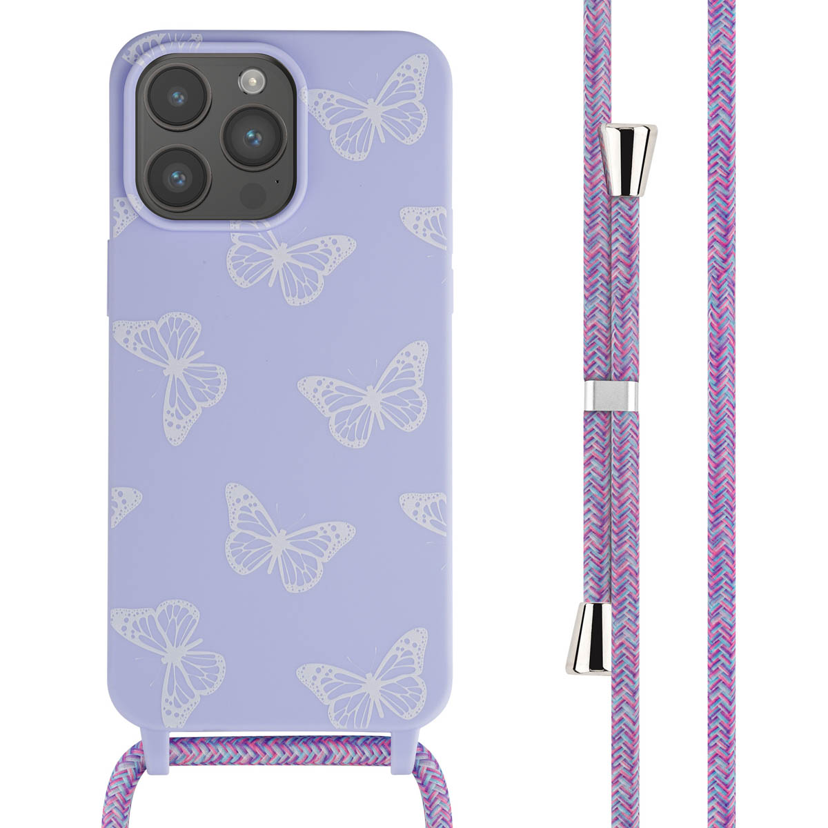 Coque de téléphone violette avec des papillons et une sangle violette et rose.