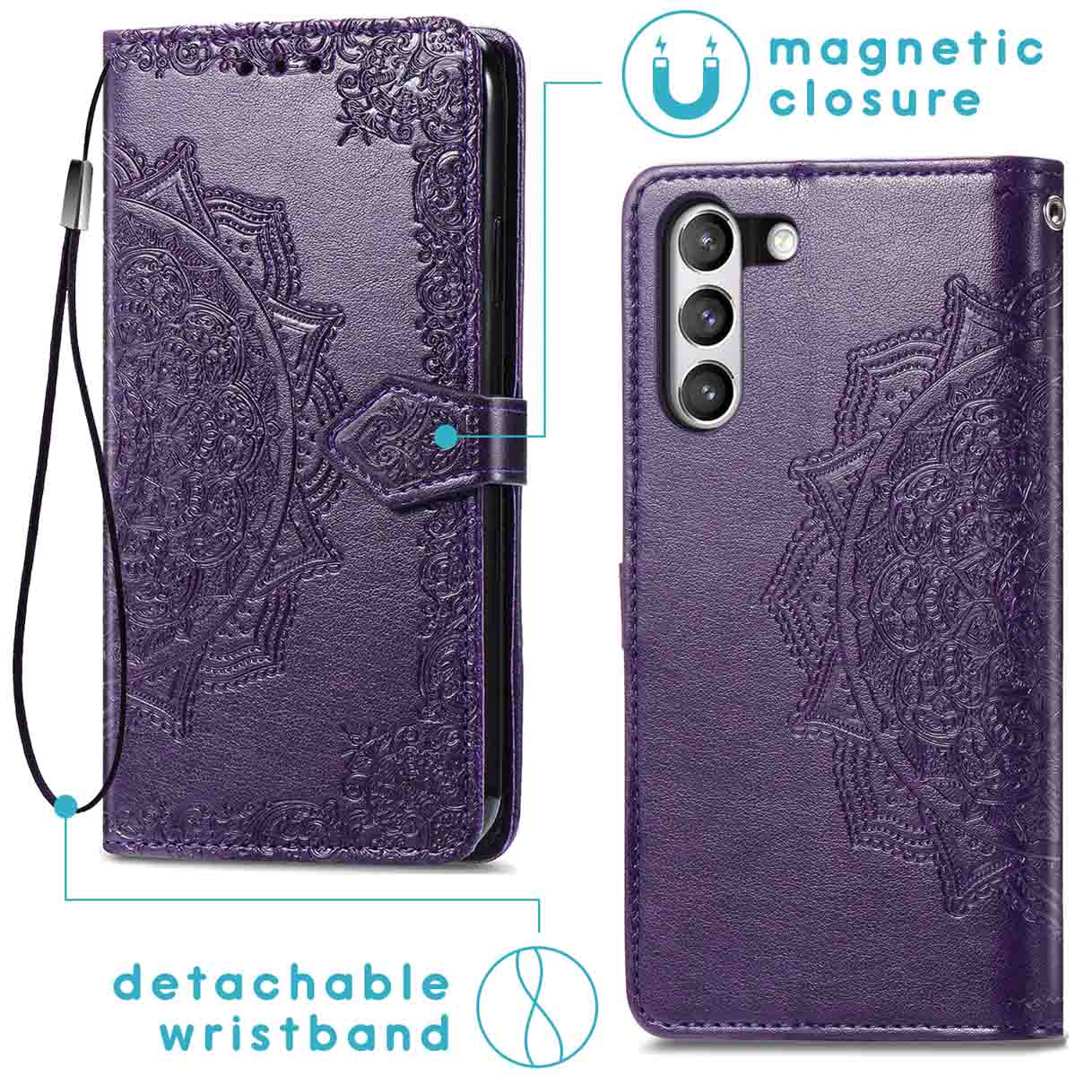 Paarse telefoonhoes met reliëf mandala, afneembare polsband en magneetsluiting.