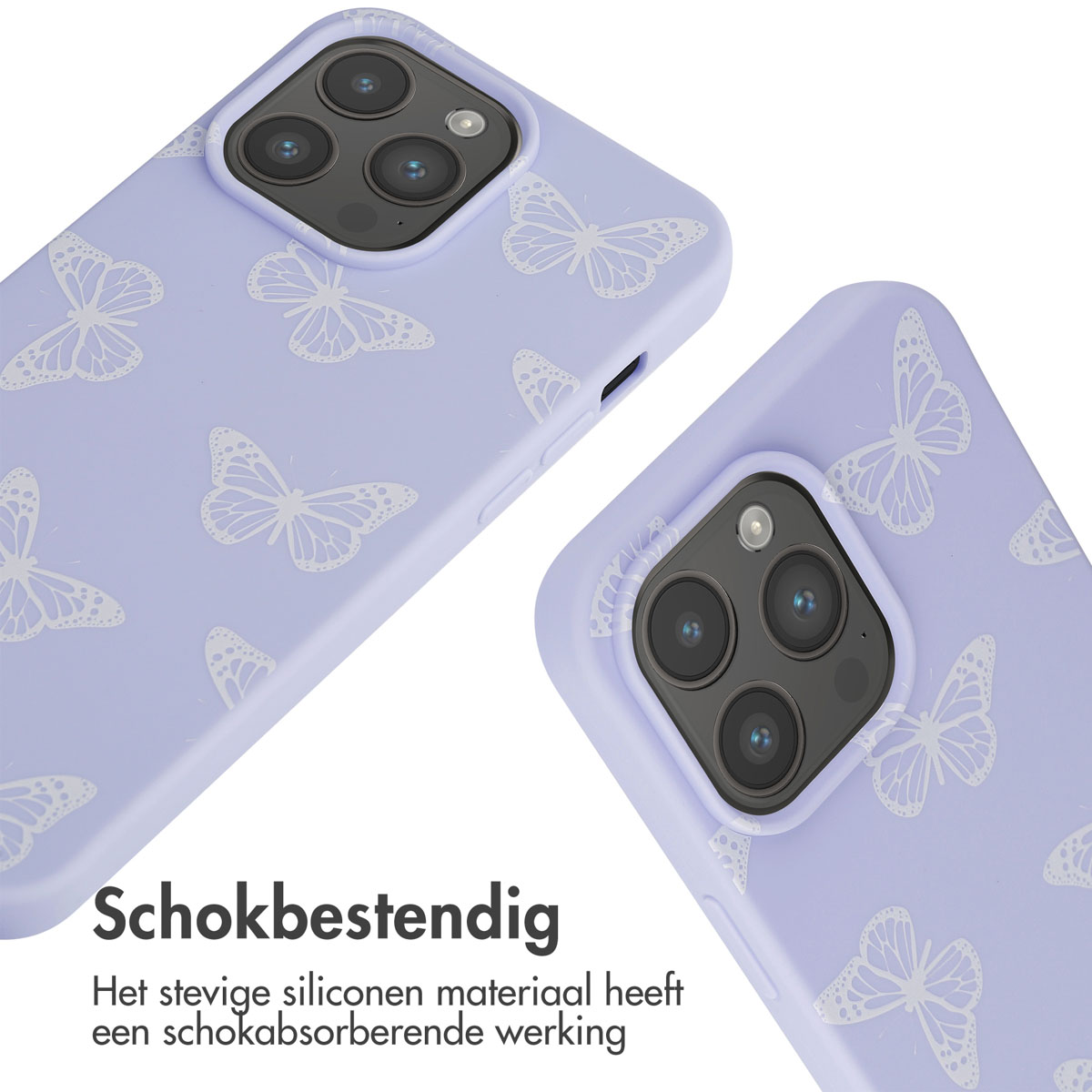 Coque violette à motif papillon et découpe pour appareil photo.