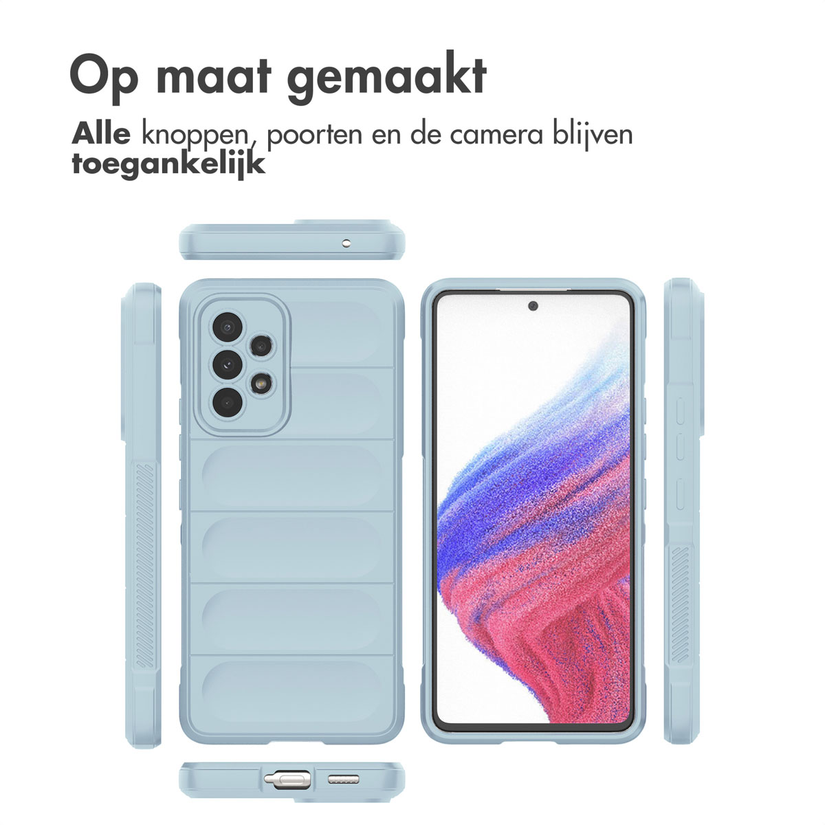 Coque de téléphone bleu clair en silicone, vues avant, arrière et latérales.