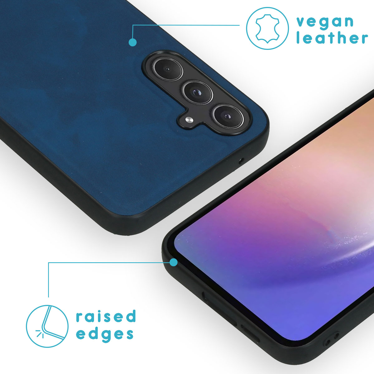 Coque de téléphone bleue avec un téléphone et le texte cuir végétal et bords relevés.