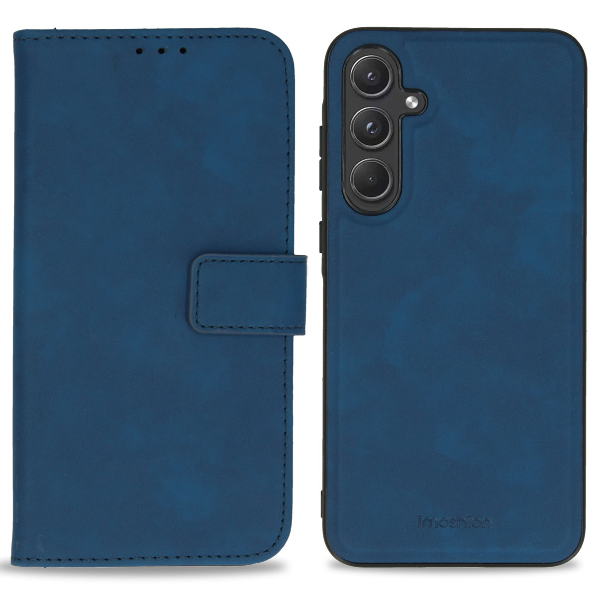 Coque de téléphone bleue avec un design portefeuille. Le côté gauche est ouvert. Fond blanc.