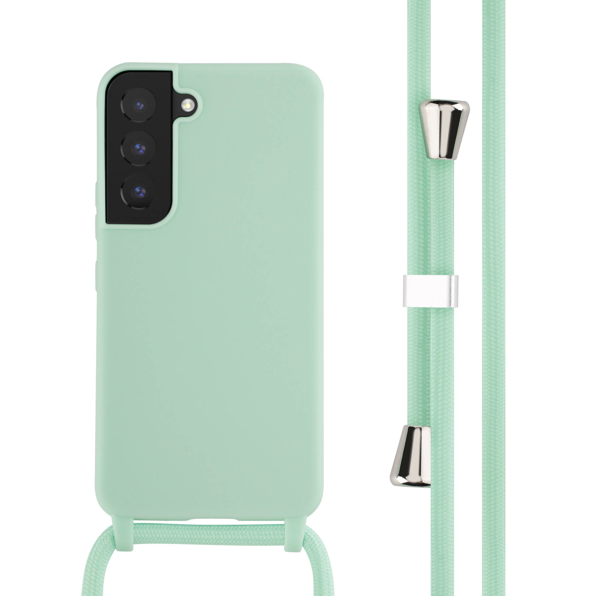Een mintgroene telefoonhoes en een bijpassend koord. De telefoon is zichtbaar.