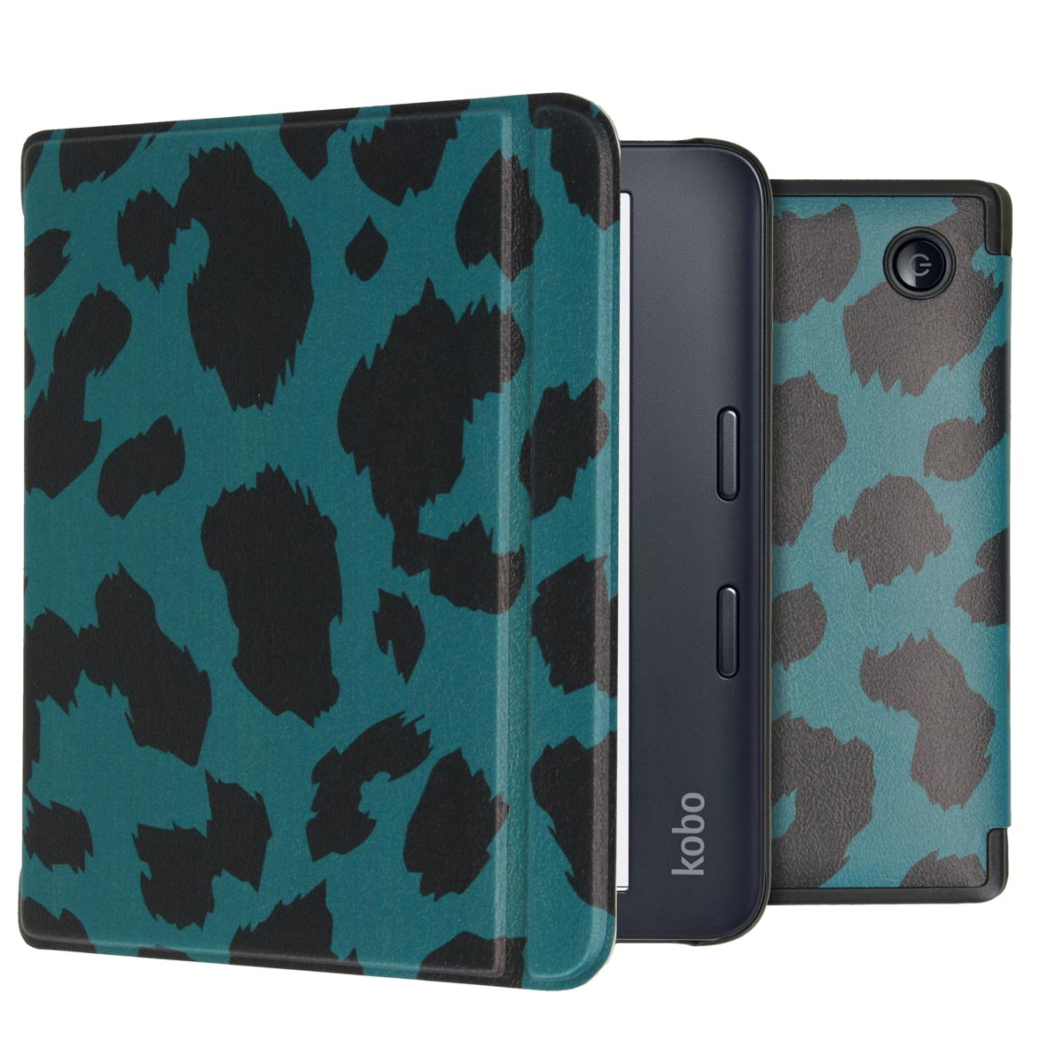 Étui imprimé léopard turquoise et noir, avec un lecteur Kobo noir à l'intérieur.