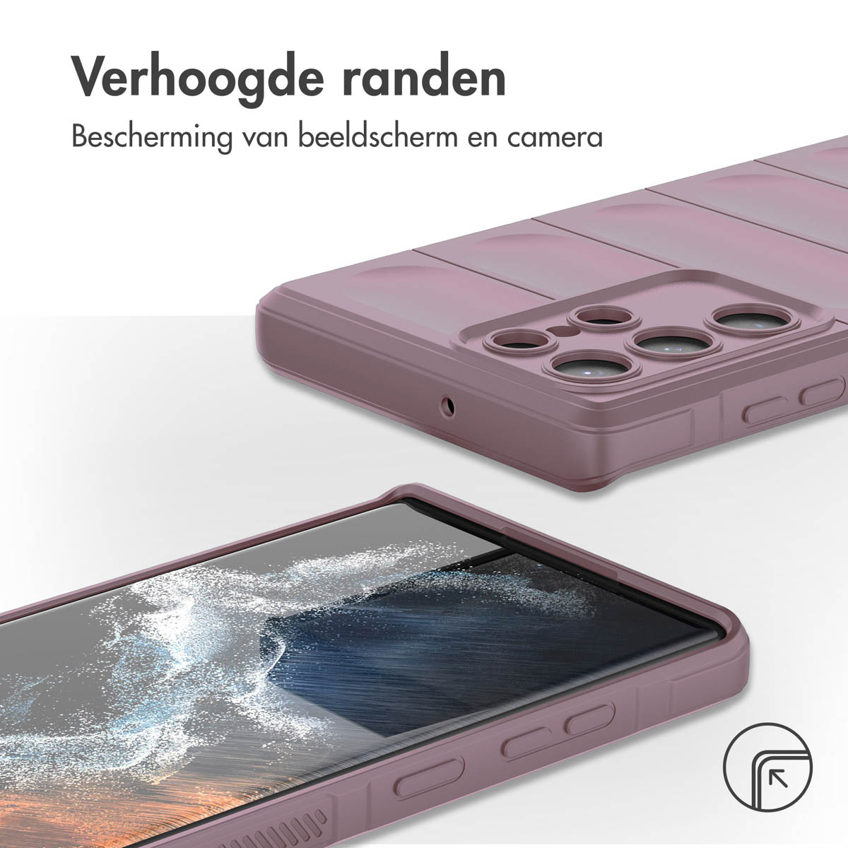 Een roze telefoonhoesje beschermt een telefoon. Tekst luidt 'Verhoogde randen'.