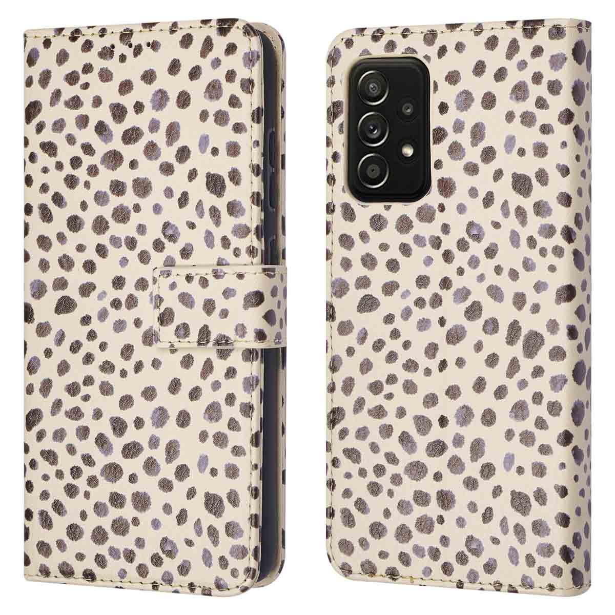 Een telefoonhoes met beige achtergrond en bruine/paarse luipaardvlekken.