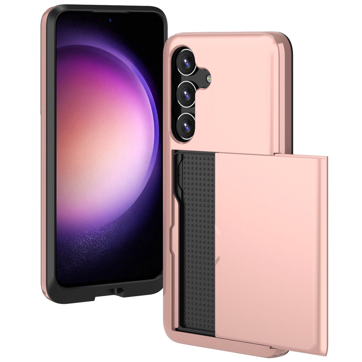 Een roségouden telefoon met kaarthouder en camera's aan de achterkant.