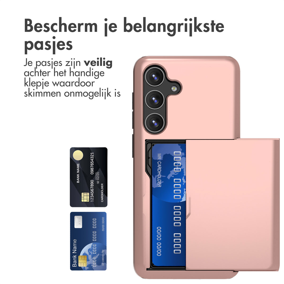 Een roségouden telefoonhoes met kaarthouder. Twee voorbeeldkaarten zijn zichtbaar.