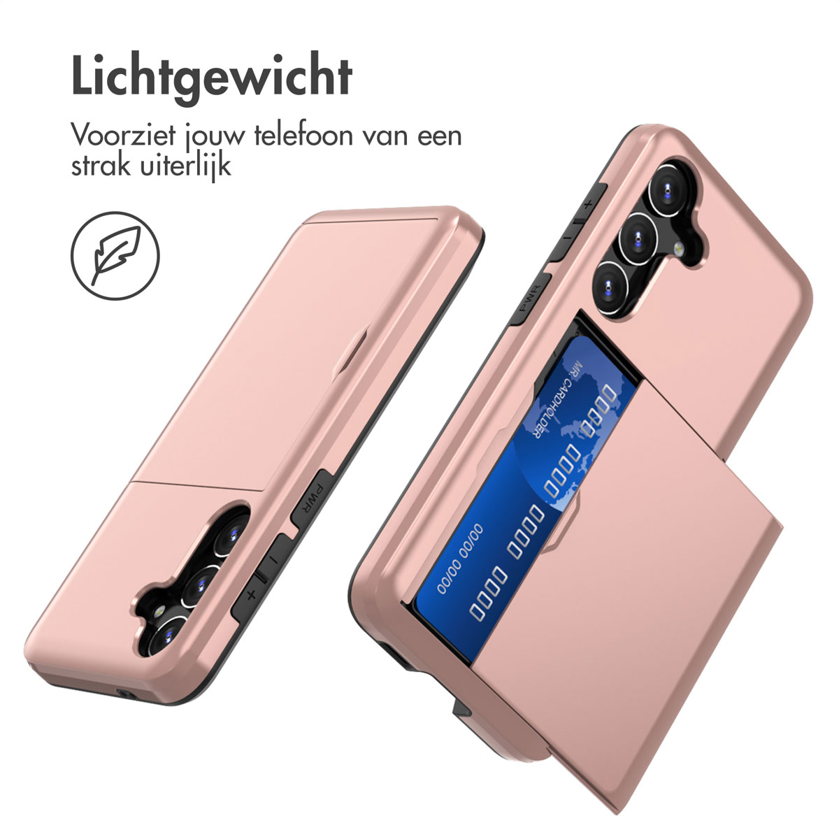 Twee roségouden telefoonhoesjes, één toont een kaarthouder en camera-uitsparing.