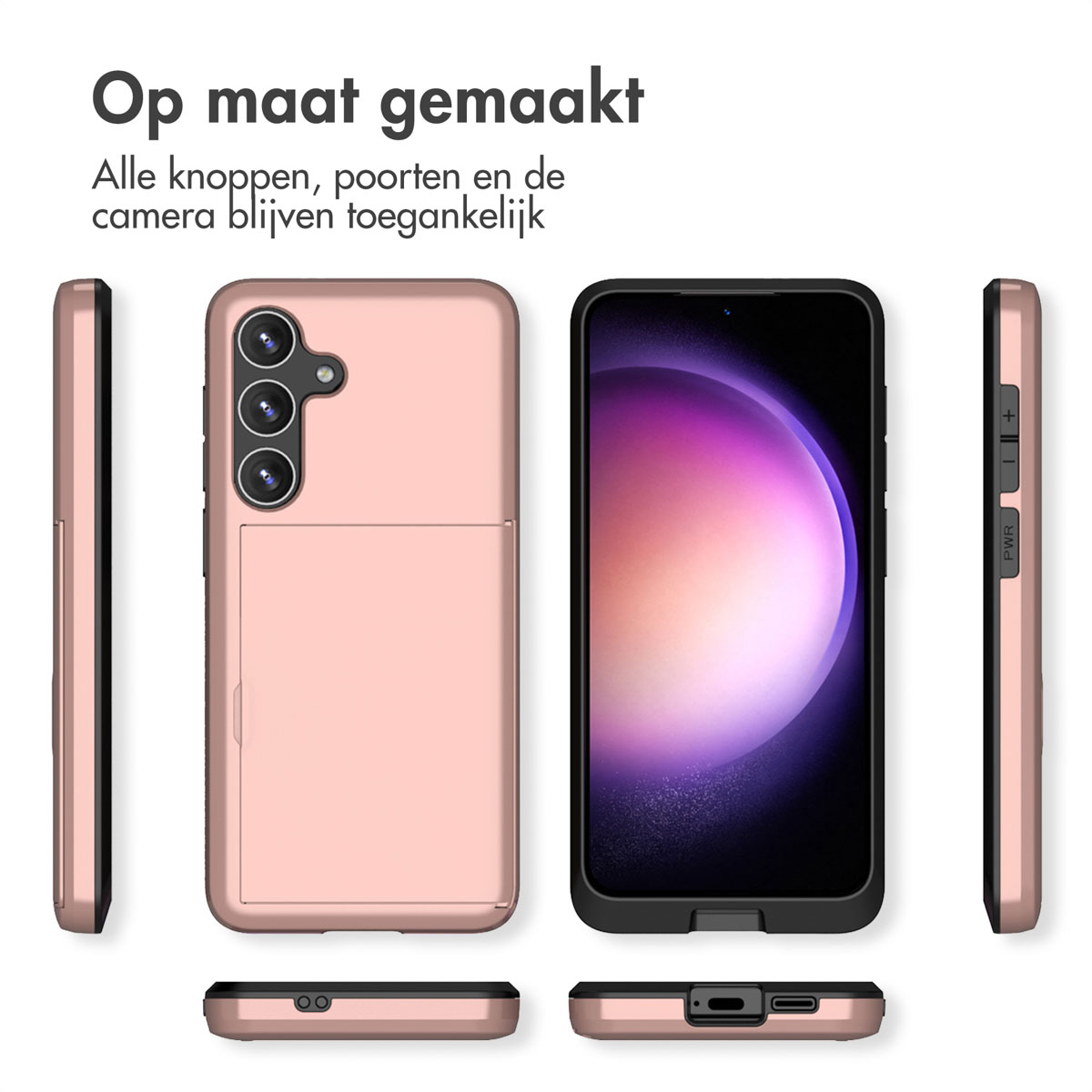 Een roségouden telefoonhoesje getoond vanuit meerdere hoeken.