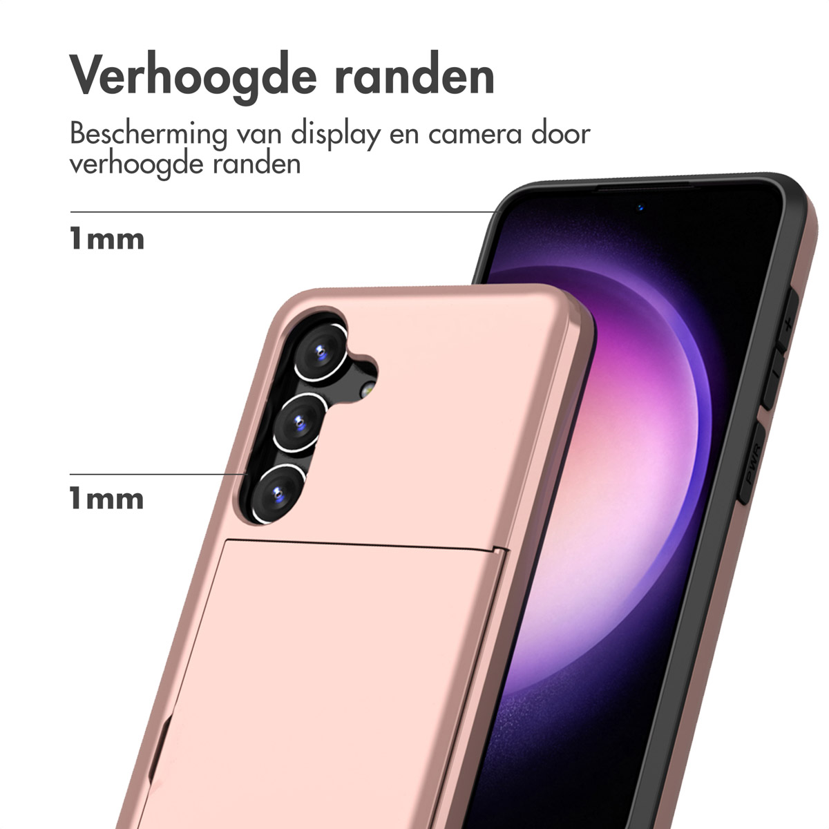 Een roségouden telefoon met verhoogde randen die camera en scherm beschermen.