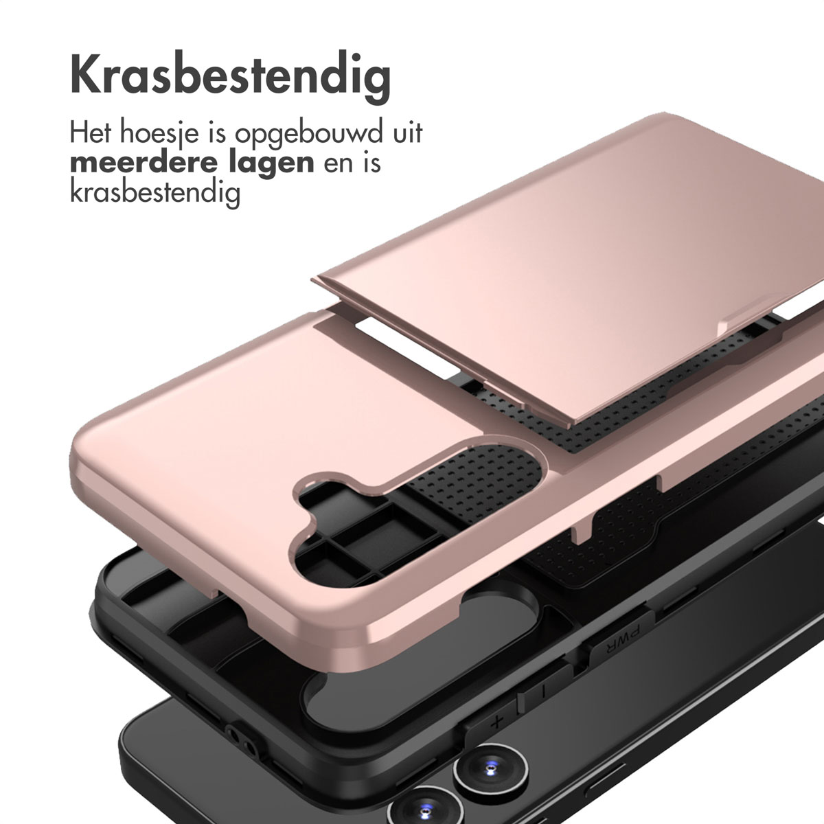 Roségouden telefoonhoes in lagen en een zwarte telefoon.