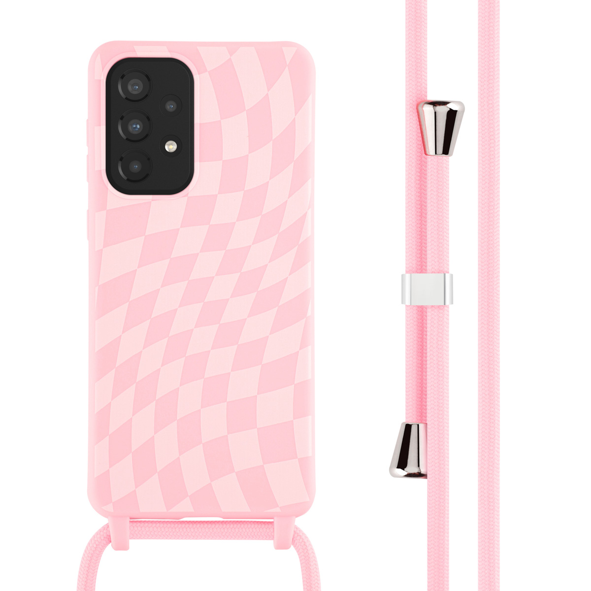 Coque de téléphone rose avec un motif à carreaux et un cordon rose.