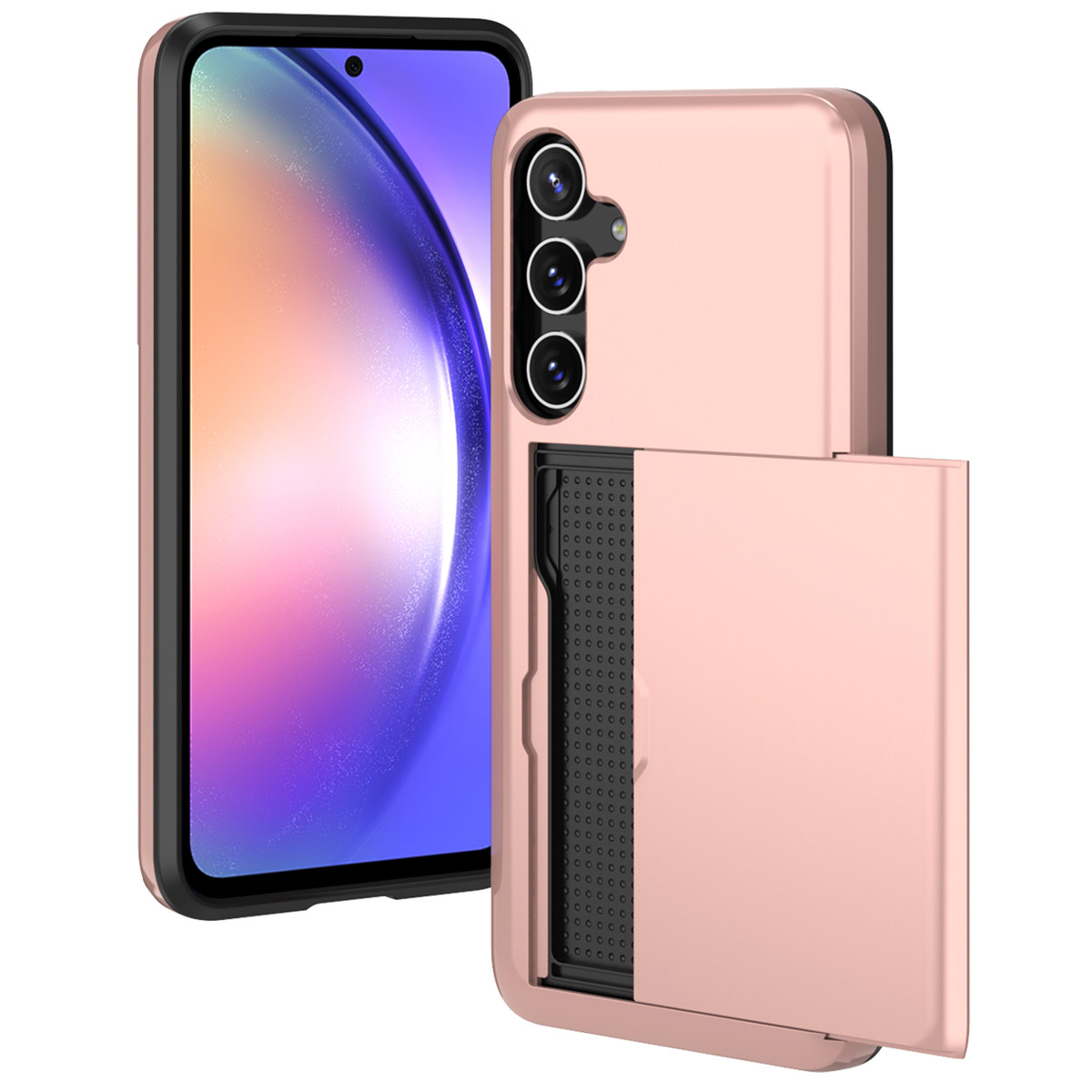 Roségouden telefoonhoesje met kaartsleuf, telefoon binnenin weergegeven. Zwarte rand.