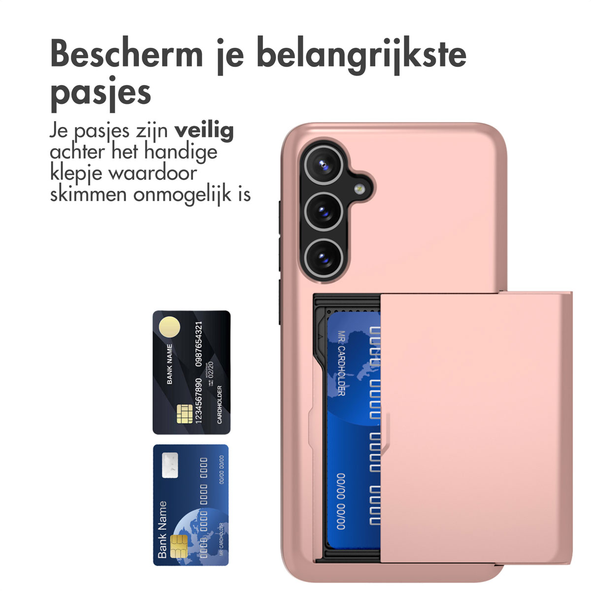 Roze telefoonhoes met kaarthouder. Twee kaarten zichtbaar. Witte achtergrond.