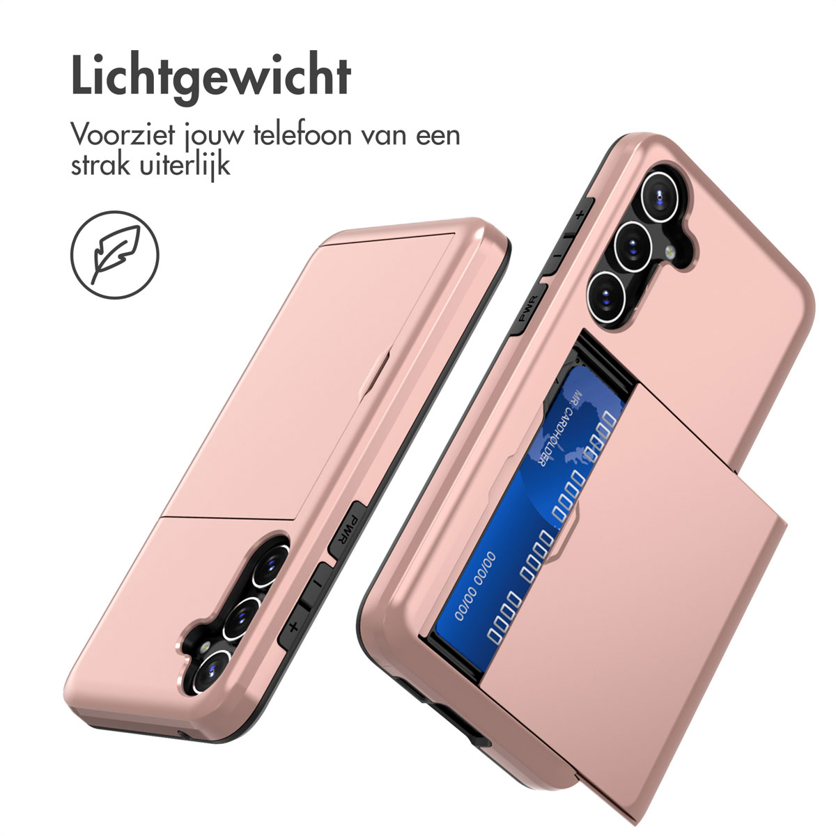 Roze telefoonhoes met een open kaartsleuf. Er is een kaart ingevoegd. De hoes heeft een telefoon erin.