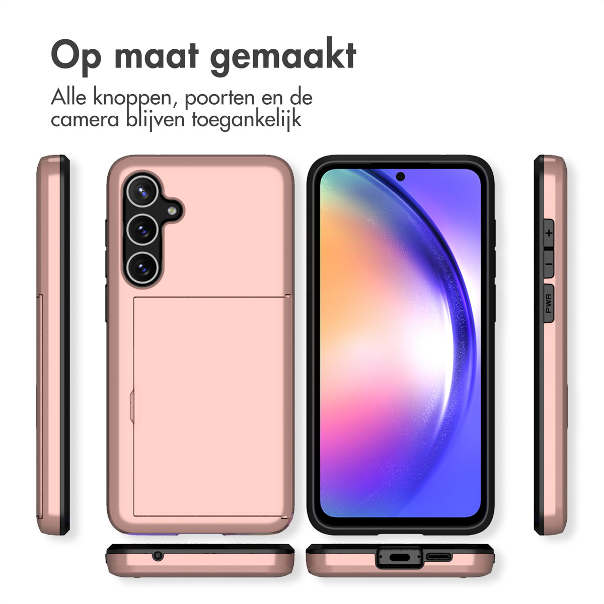 Een telefoonhoesje met een telefoon erin wordt vanuit verschillende hoeken gepresenteerd.